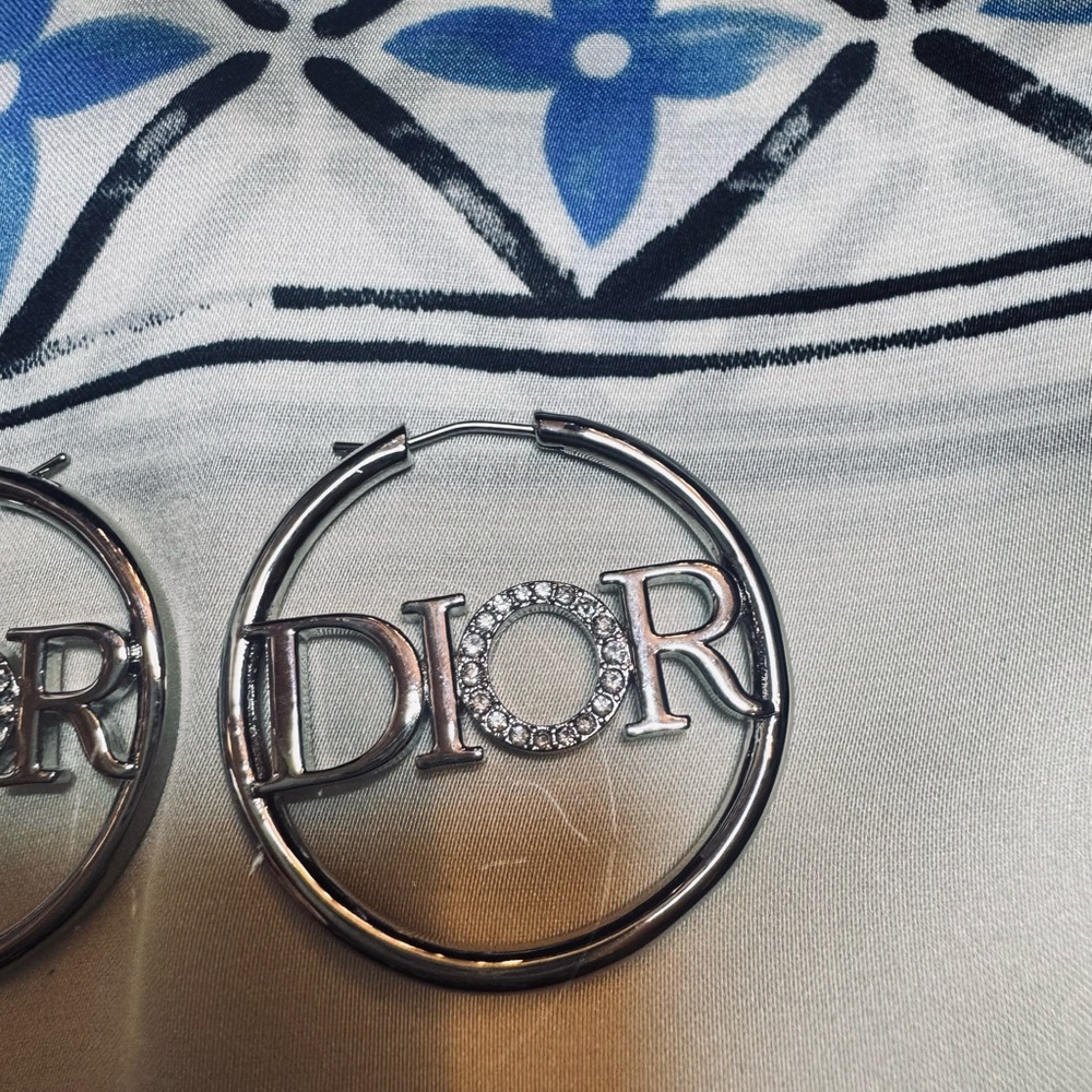 Dior Silver Logo Hoop Earrings with Crystal 'O' - Picture 2 of 6